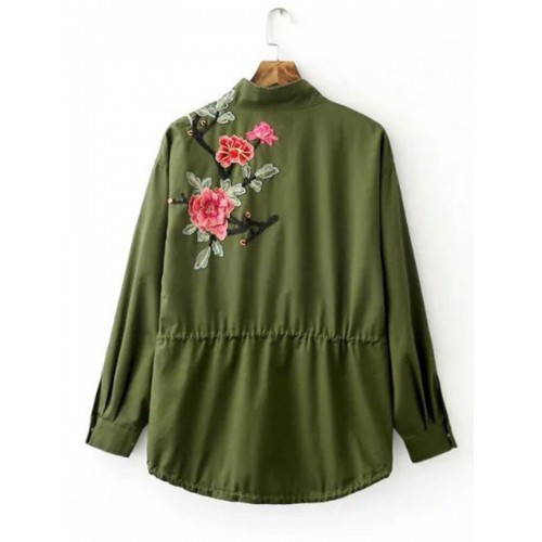 Army Green Floral Embroidery Short Casual Trench Coat