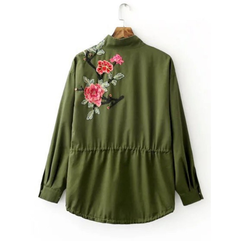 Army Green Floral Embroidery Short Casual Trench C...
