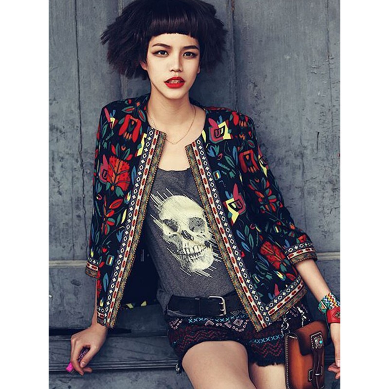 Ethnic Pattern Round Neck Jacket