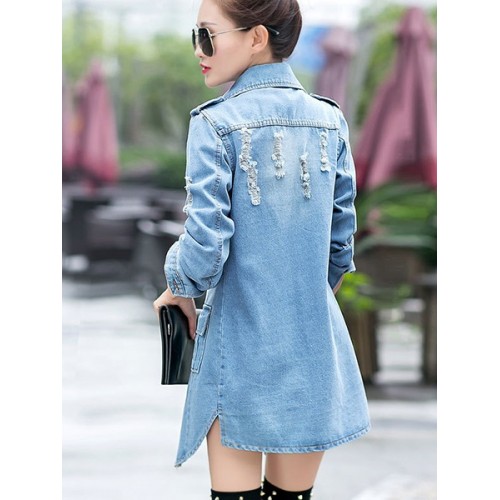 Blue Denim Pockets Women's Trench Coat