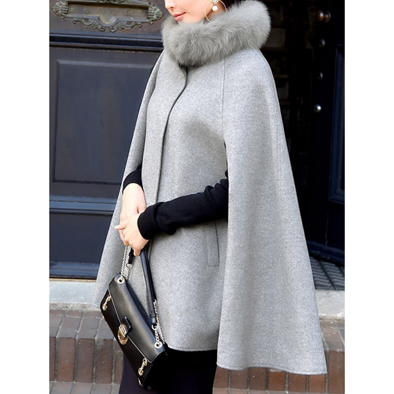 Faux Fur Collar Hidden Button Sleeveless Cape