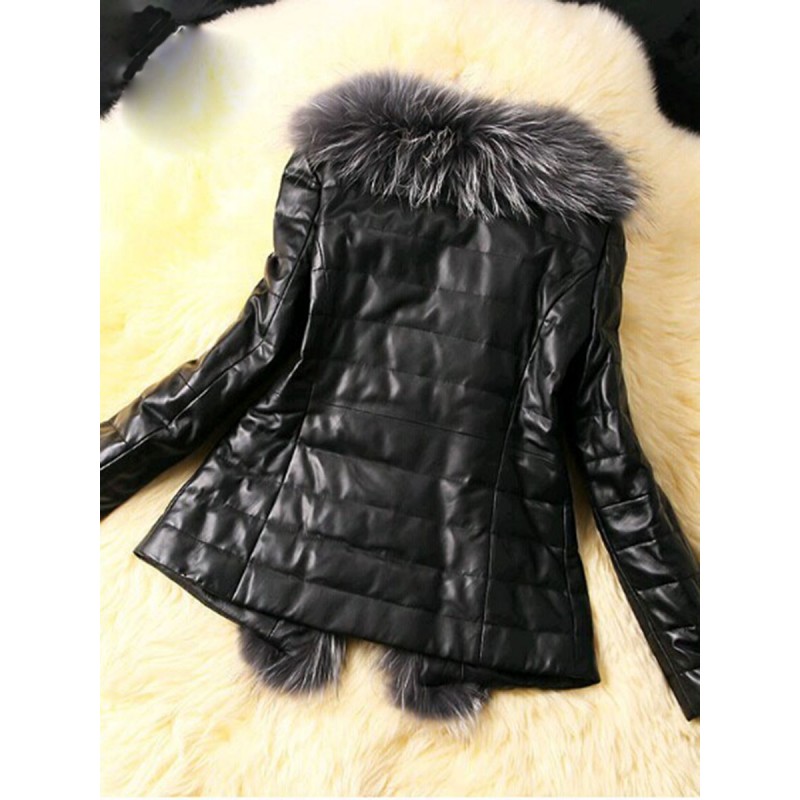 Faux Fur Patchwork PU Pocket Jacket