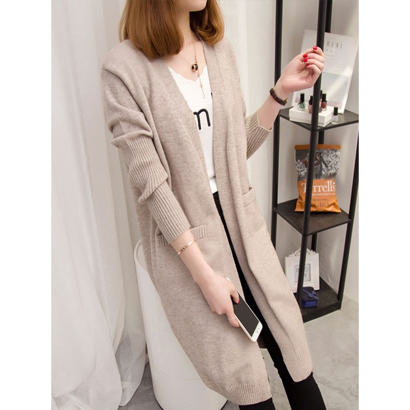 Mid-Length Pocket Solid Loose Cardigan