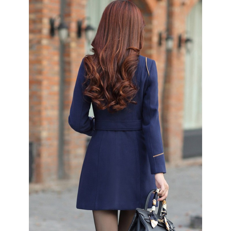 Buttons Belt Lapel Plain Overcoat