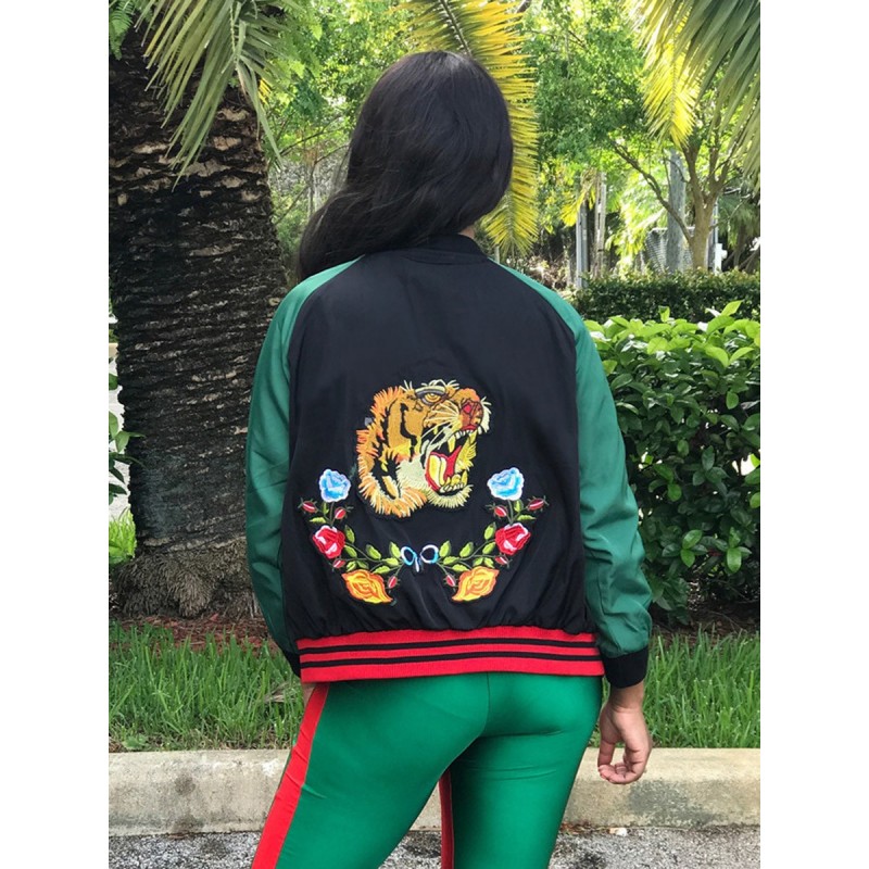 Embroidery Zipper Pocket Color Block Jacket