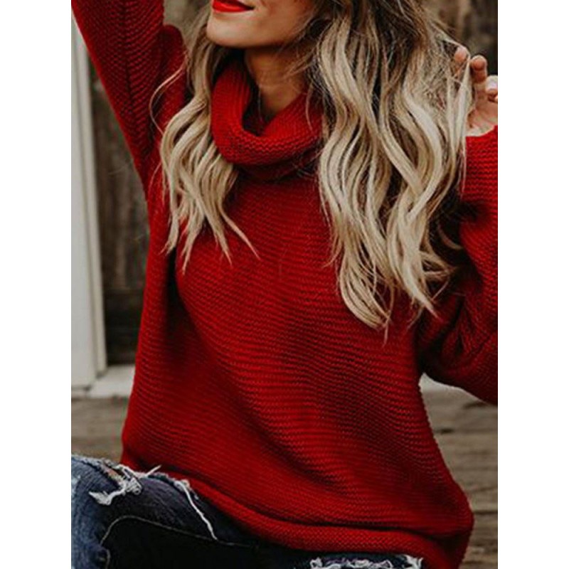 Solid Color Turtleneck Long Sleeve Pullover Knitwe...