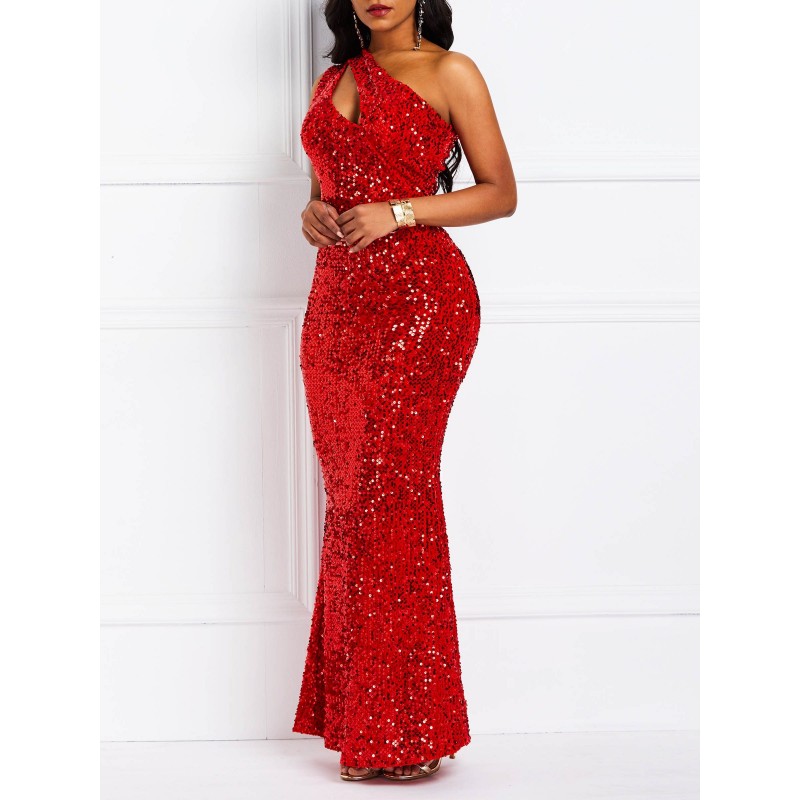 Floor-Length Sequins Oblique Collar Pullover Merma...