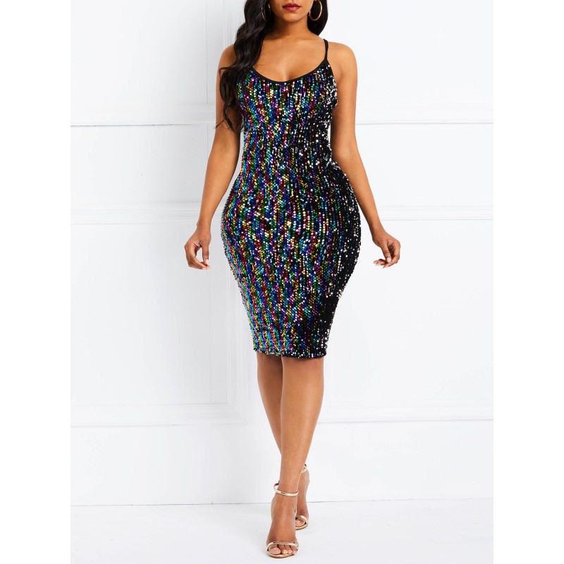 Above Knee Sleeveless Sequins Pullover Sexy Dresse...