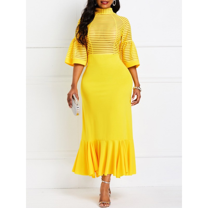 Mid-Calf Patchwork Half Sleeve Pullover Mermaid Dr...