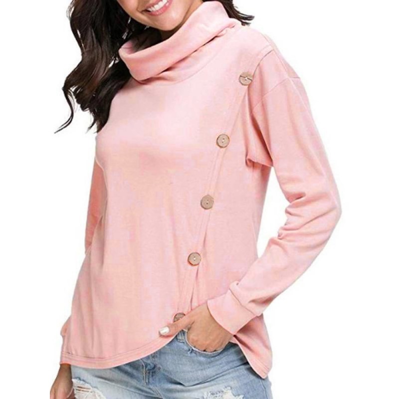 Fashion Buckle Long Sleeve Pullover High Collar Ho...