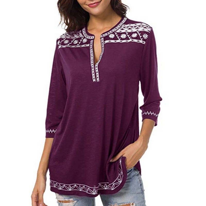 Deep V-Neck Printed Nine-point Sleeve Women's T-sh...
