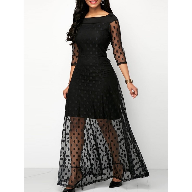 New Stitching Wave Point Gauze Slim Sexy Maxi Dres...