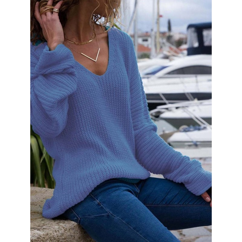 Sexy Solid Color V-Neck Long Sleeve Knitwear