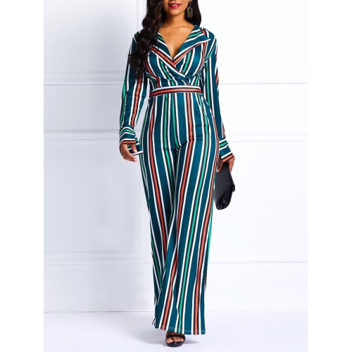 Print Full Length Stripe Loose High-Waist Jumpsuits