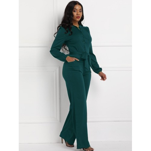 Casual Plain Lace-Up Straight High-Waist Jumpsuits