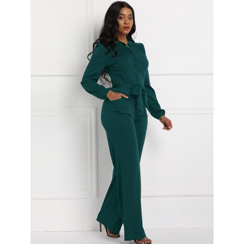Casual Plain Lace-Up Straight High-Waist Jumpsuits