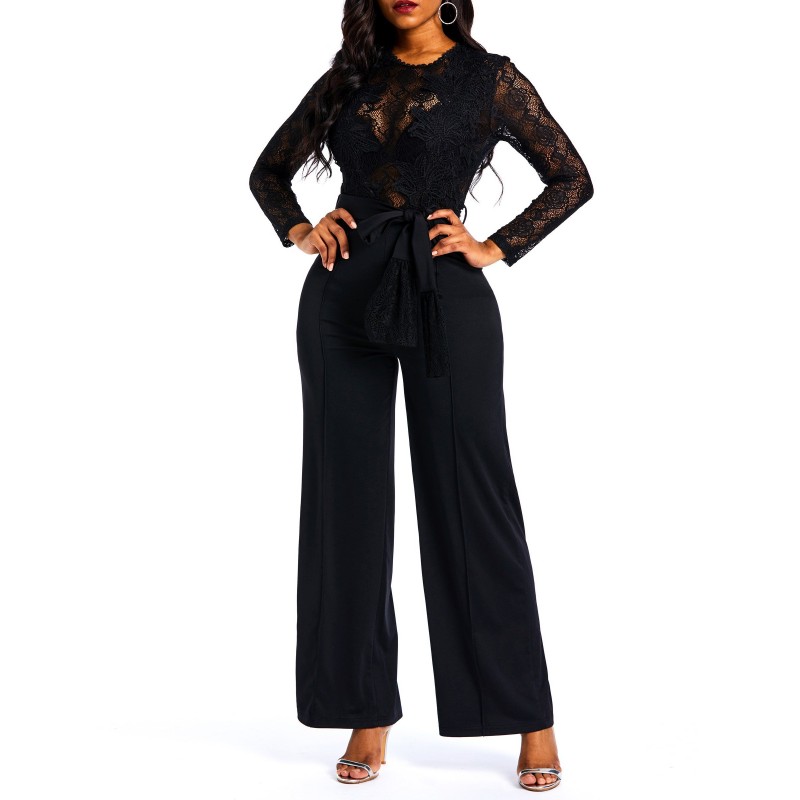 Full Length Lace Plain Wide Legs Slim Jumpsuits