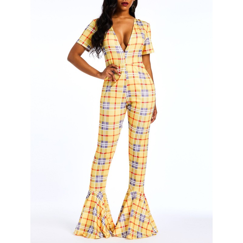Full Length Plaid Casual Slim High-Waist Jumpsuits