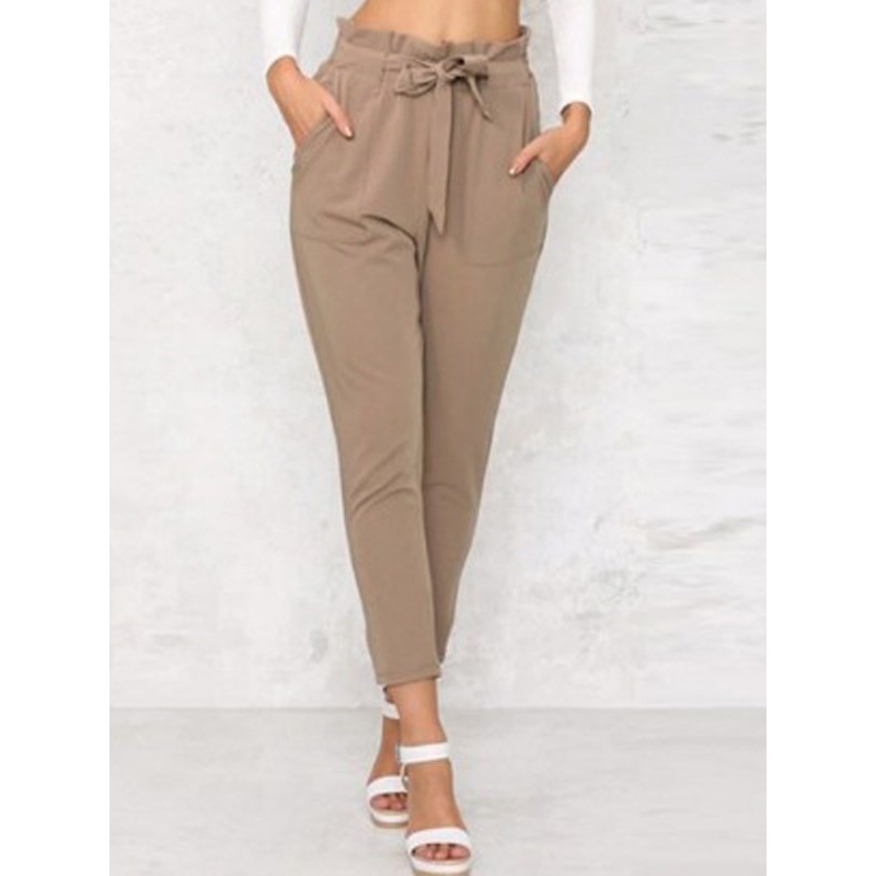 Pocket Plain Slim Ankle Length Mid-Waist Casual Pa...
